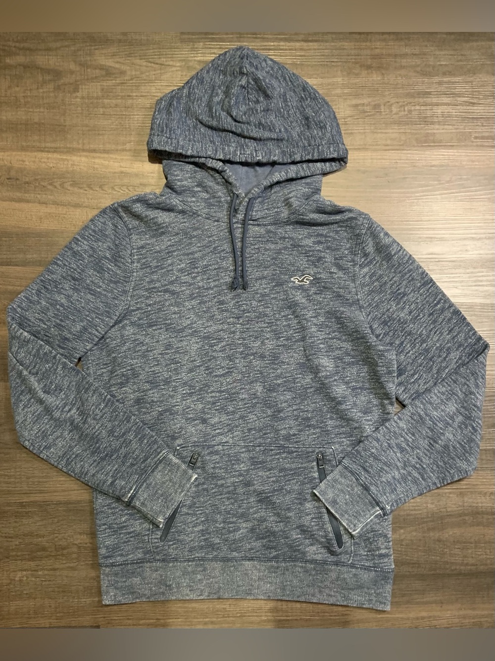 Hollister Men's Heathered Navy Drawstring Hoodie